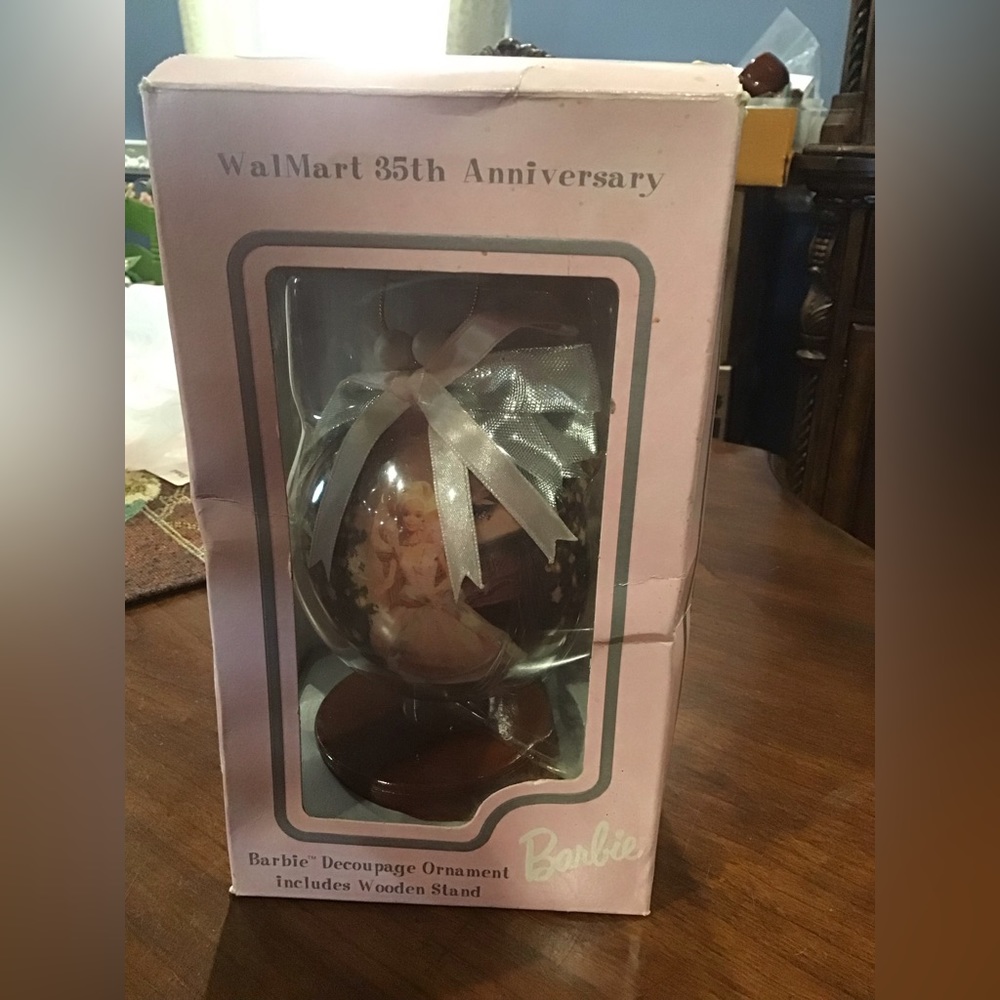 Vintage Mattel Walmart 35th Anniversary Barbie 4" Decoupage Ornament With Stand